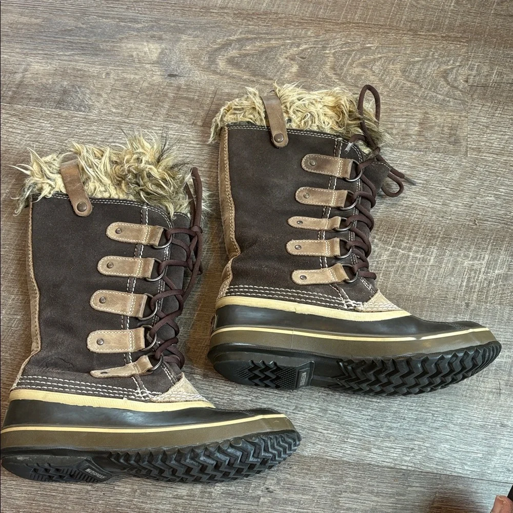 Sorel Joan of Arctic Snow Boots Women’s 7 Chocolate Waterproof Leather READ